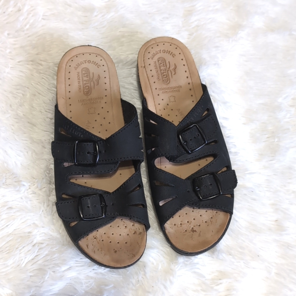 Fly Flot Black Genuine Leather Buckle Slide Sandals Size 40/8 - Picture 5 of 12